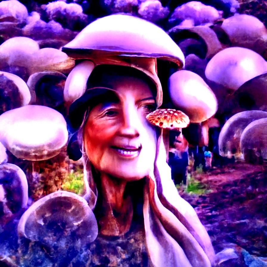 Lady in Mushroom Field: Serene and Clear