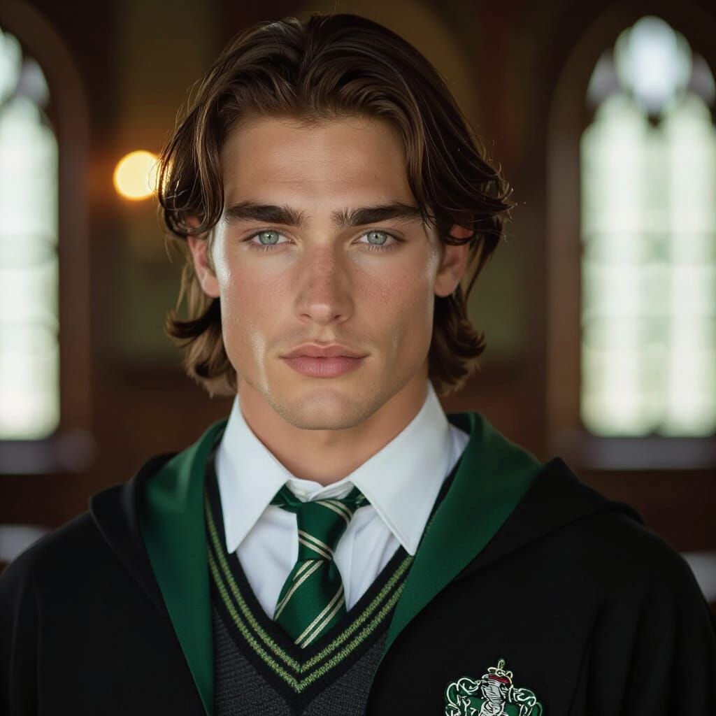 Handsome Slytherin Student Portrait with Heterochromia