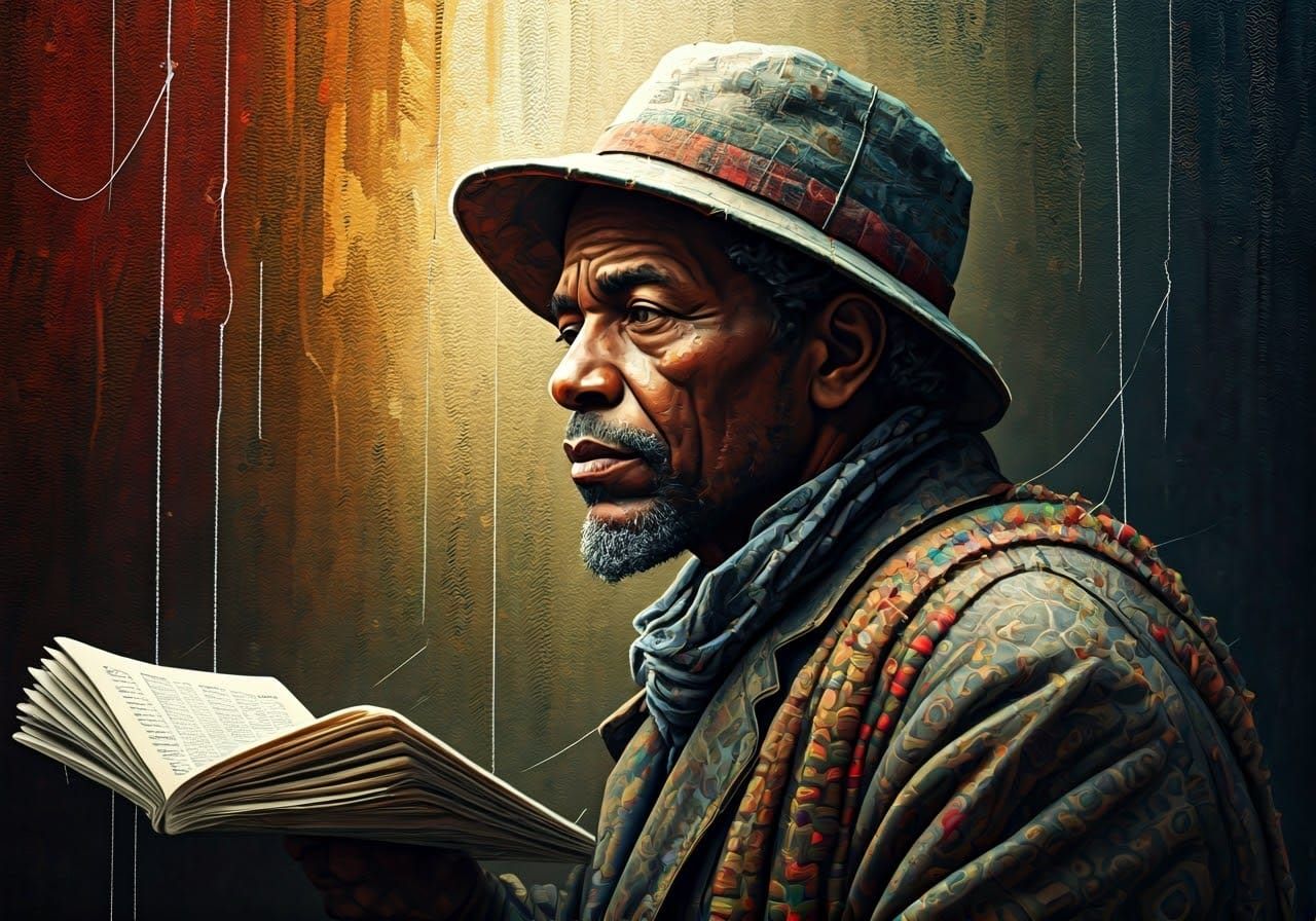 Mixed media picture made of newspapers, impasto paint and embroidery of a newspaper seller