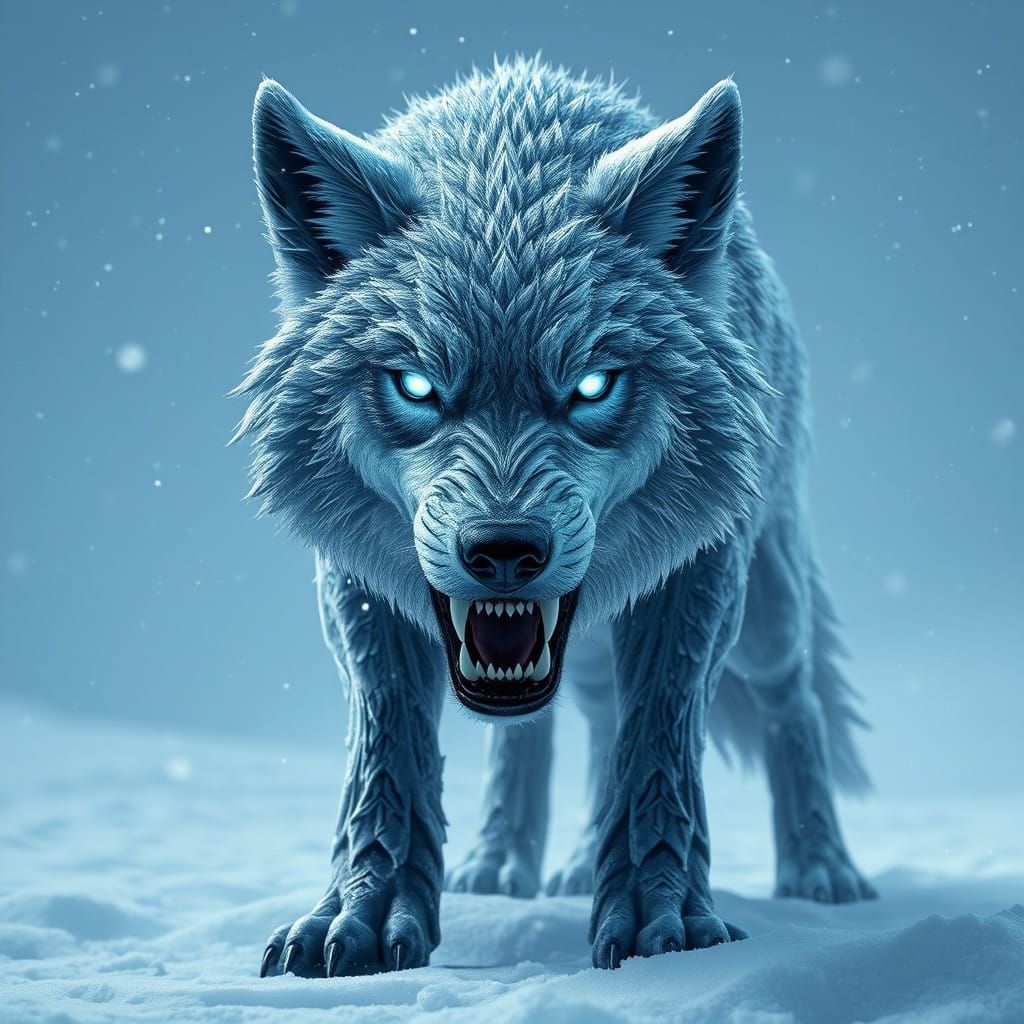 Hyperrealistic Ice Wolf in Vast Snowy Landscape