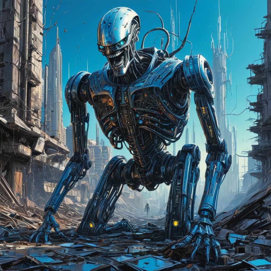 Cyborg Grin in Apocalyptic Neo-Expressionist Art