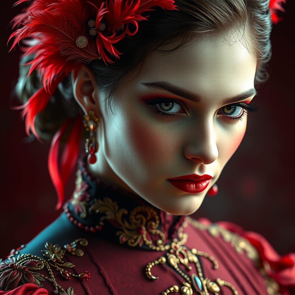 Impressionist Portrait of a Mysterious Lady in Red Gown