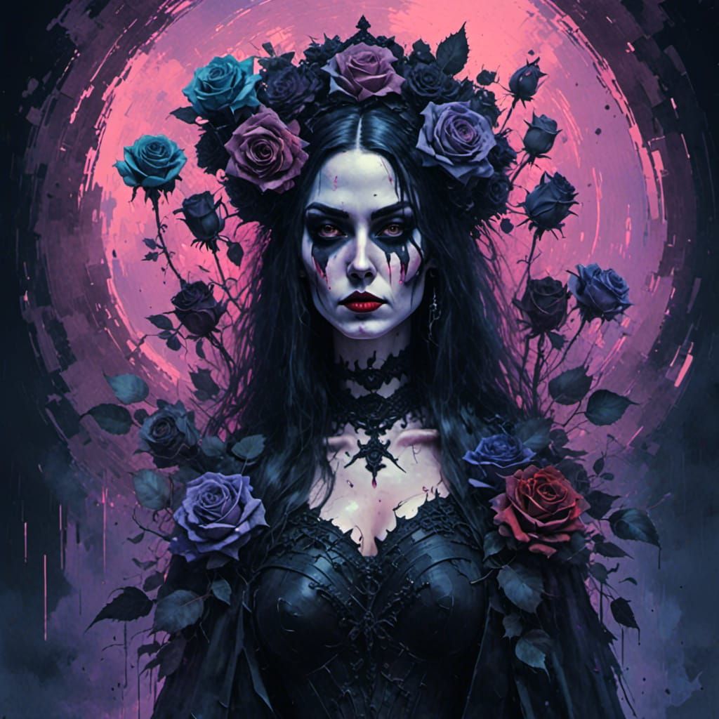 Gothic Vampire Woman with Rose, Glitch Art Watercolor