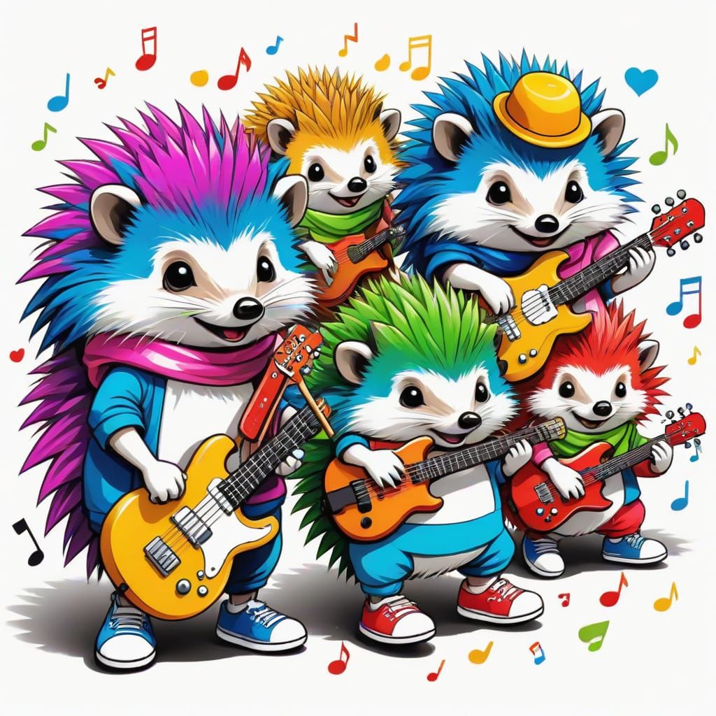 Cute Hedgehogs Play Musical Instruments in Colorful Cartoons