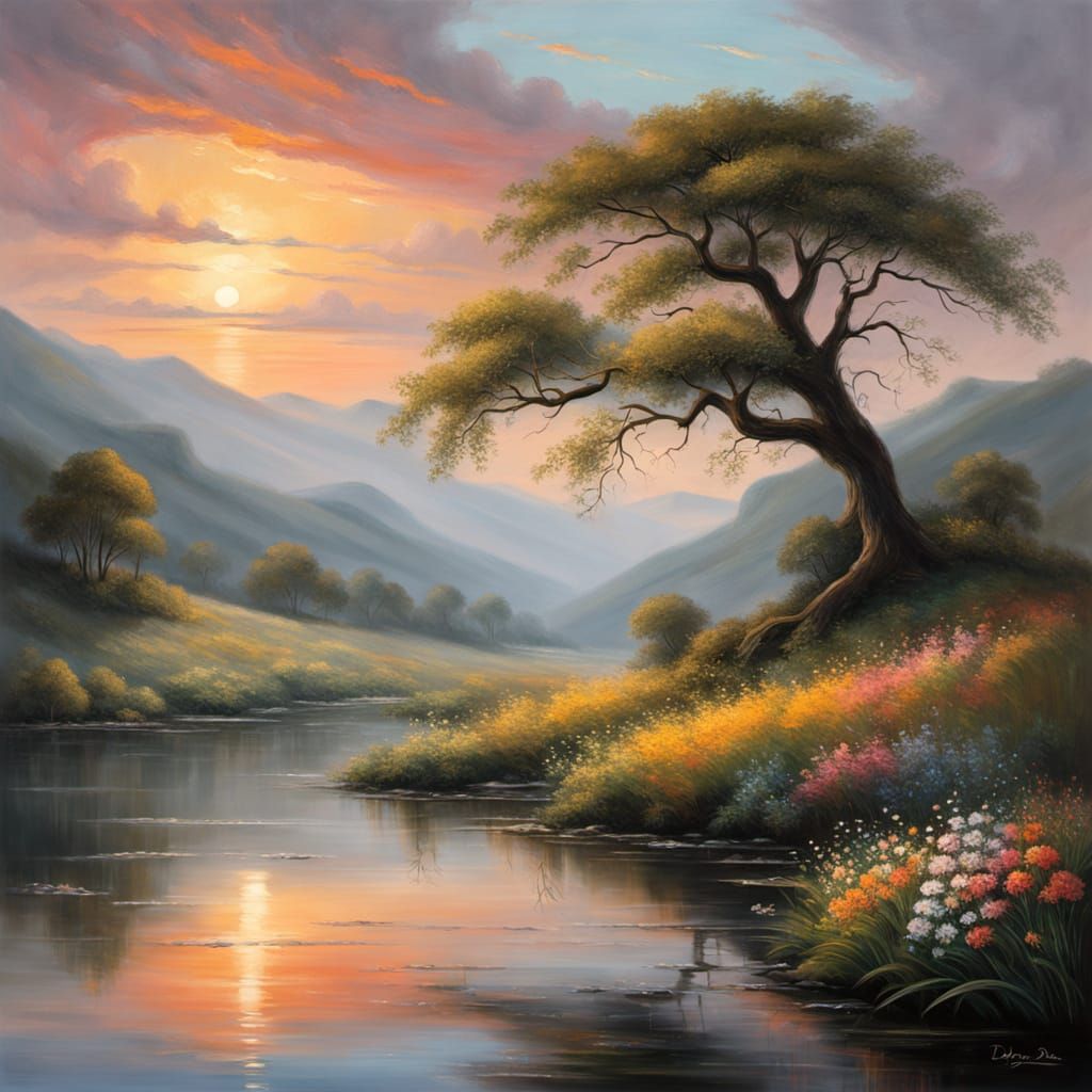 Romantic Dawn Landscape Painting with River and Hills