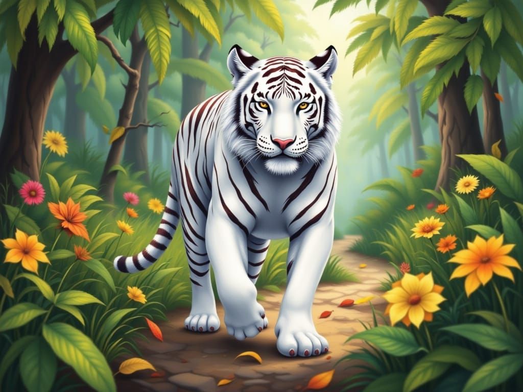 Adorable Anime White Tiger in Colorful Jungle