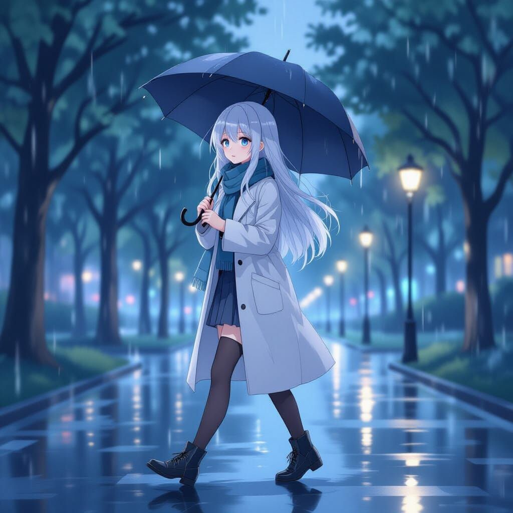 Anime Girl With White Hair In Rainy Park