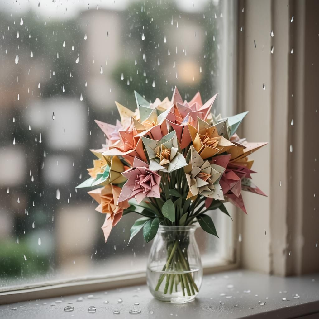 Origami Bouquet on Rainy Windowsill in Soft Focus