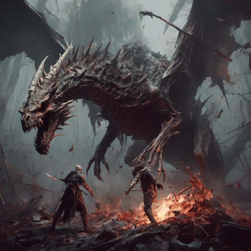 Skeleton Dragon Attacks Hero in 3D Anime Art