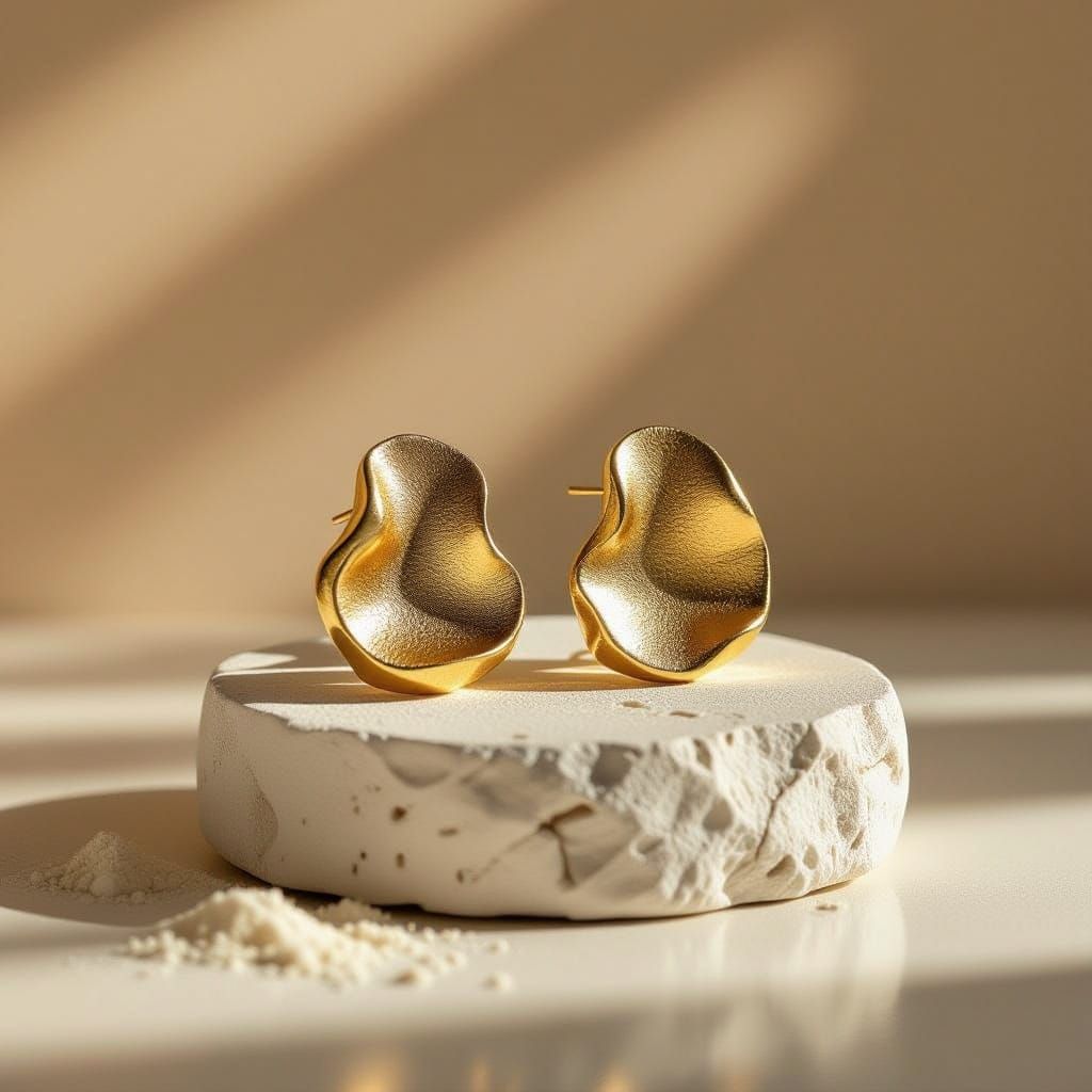 Sculptural Gold Earrings on Plaster Base: Studio Still Life