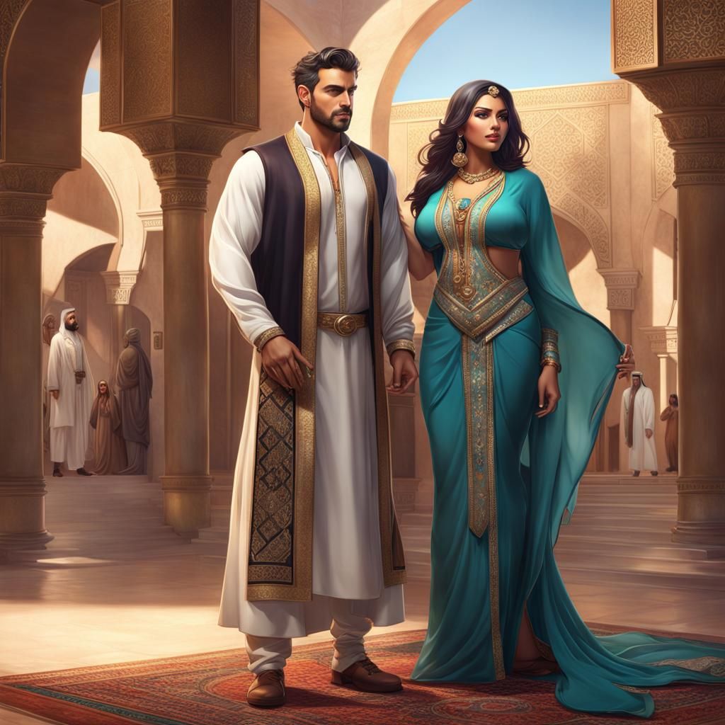 Attractive Arabic Couple Portrait in Hyperdetailed Style