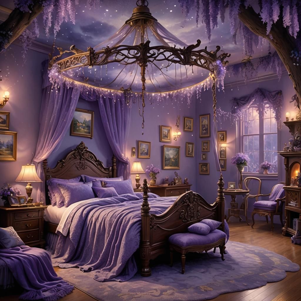 Purple Themed Bedroom with Ethereal Lighting