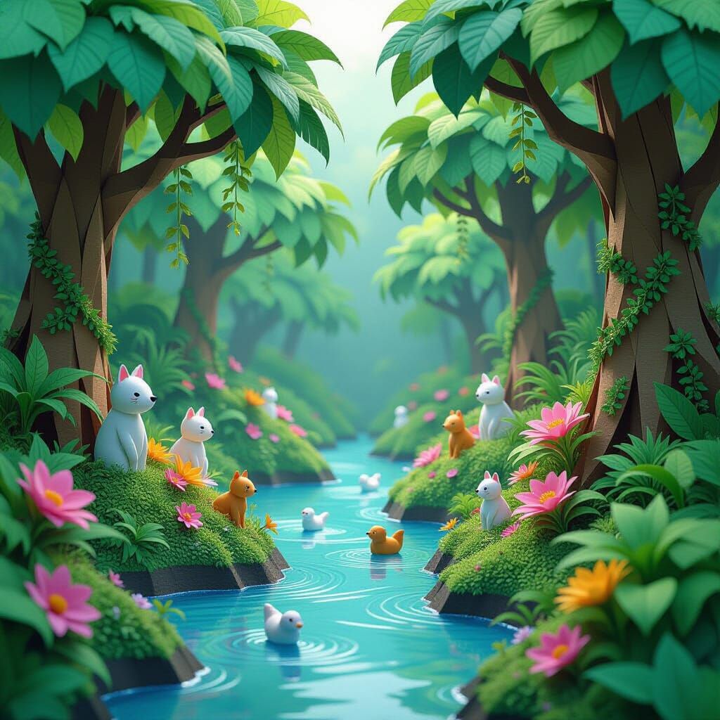 Origami Jungle Scene in Papercraft Style