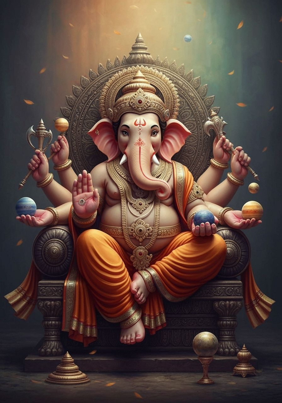 Ganesha Enthroned, Holding Planets in Fantasy Art