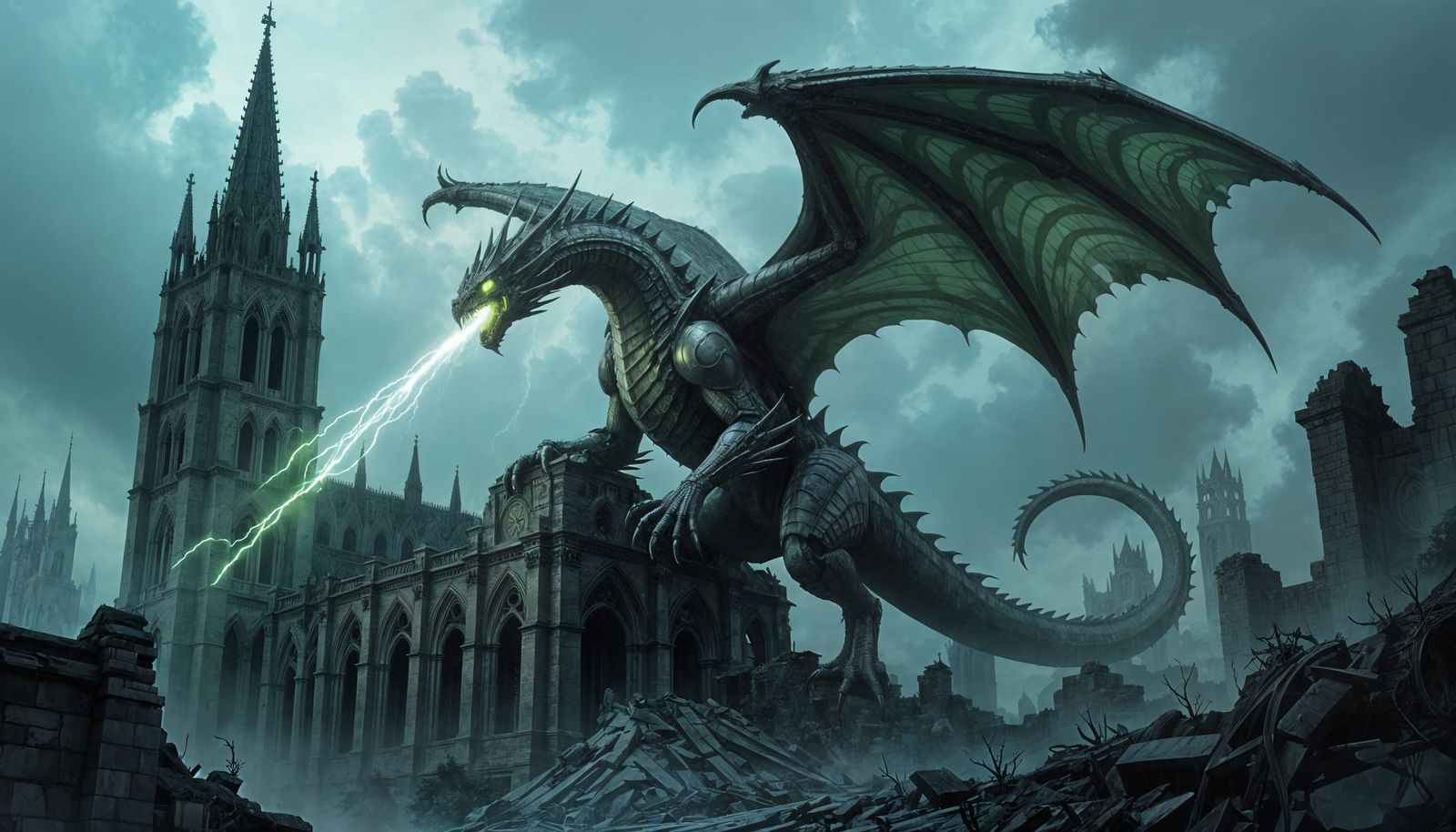 Biomechanical Dragon Smashing Cathedral in Dark Fantasy Styl...