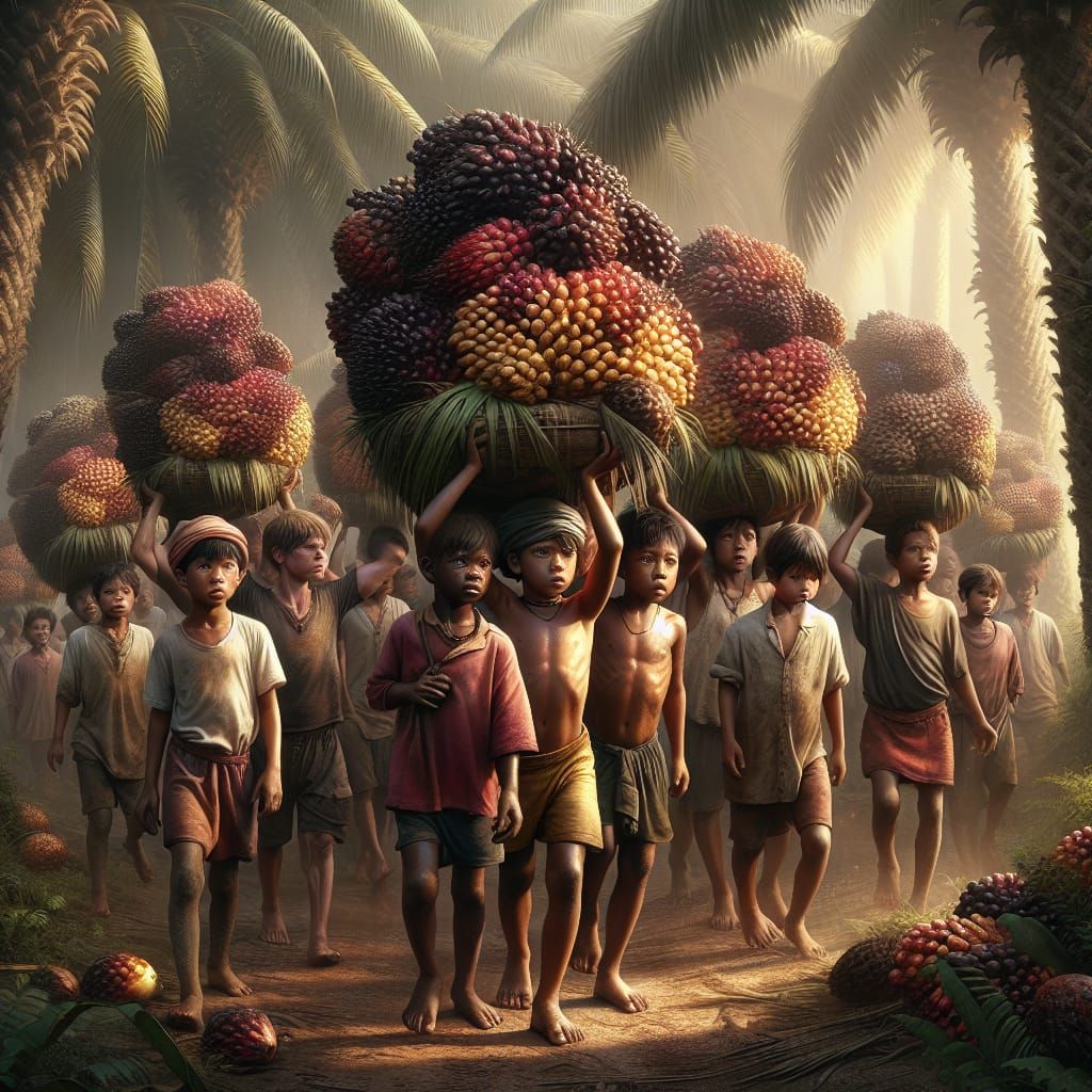 Child Labor in Palm Forest: Detailed Fantasy Concept Art