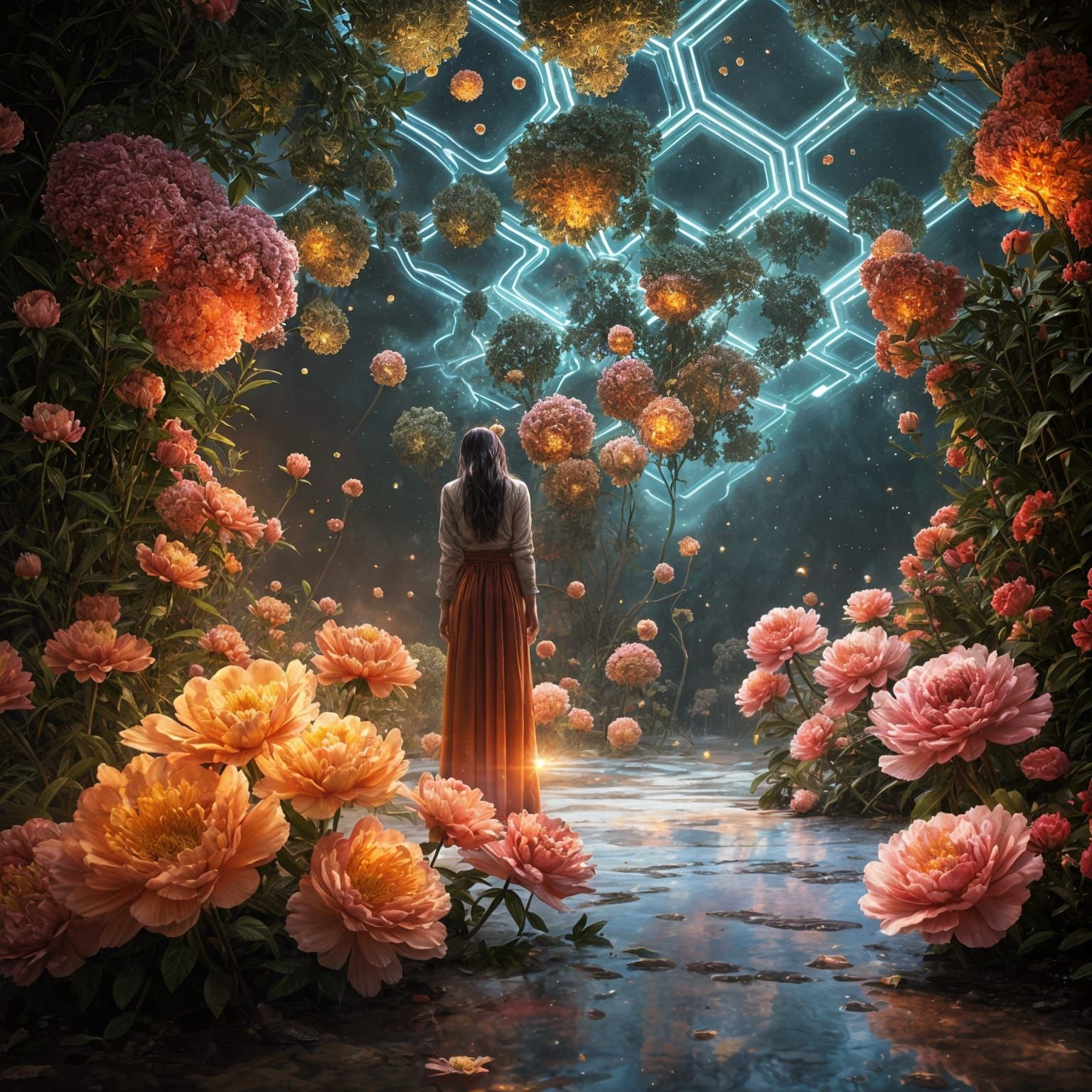 Psychedelic Divine Garden with Honeycombs and Peonies
