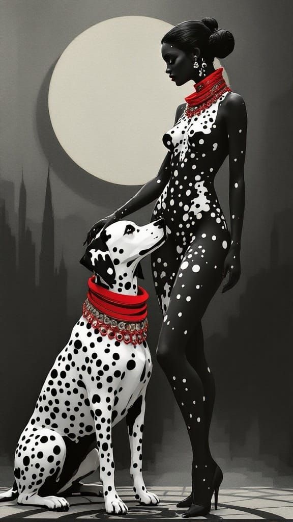 Elegant Art Deco Woman and Dog in Dalmatian Spots