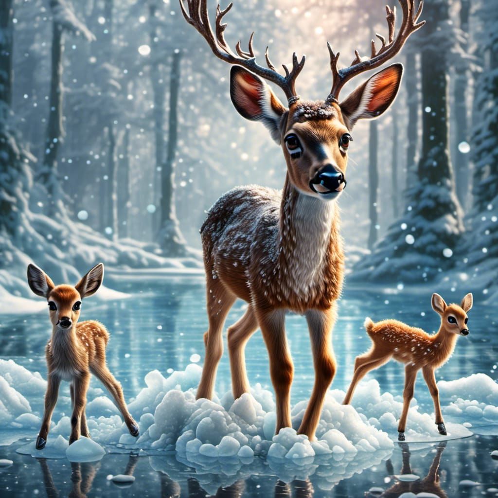 Baby Deer Ice Skating on Icy Lake, 3D Render