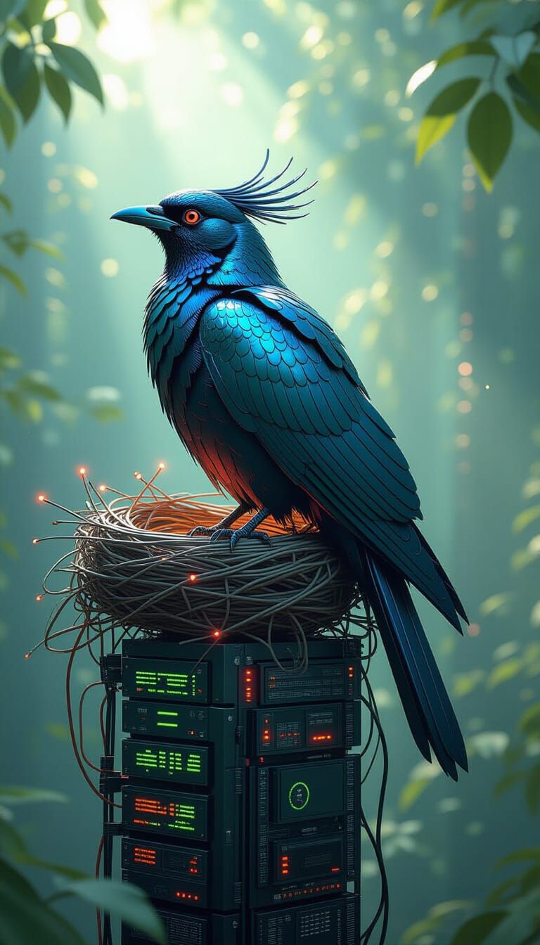 Cyberpunk Chrome Bird Constructs Nest in Aviary