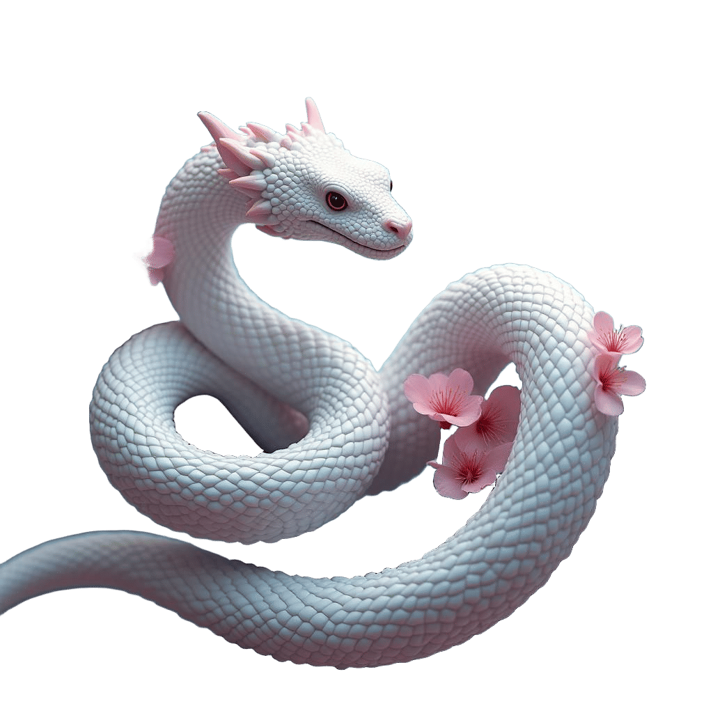 3D White Snake with Moon and Blossoms