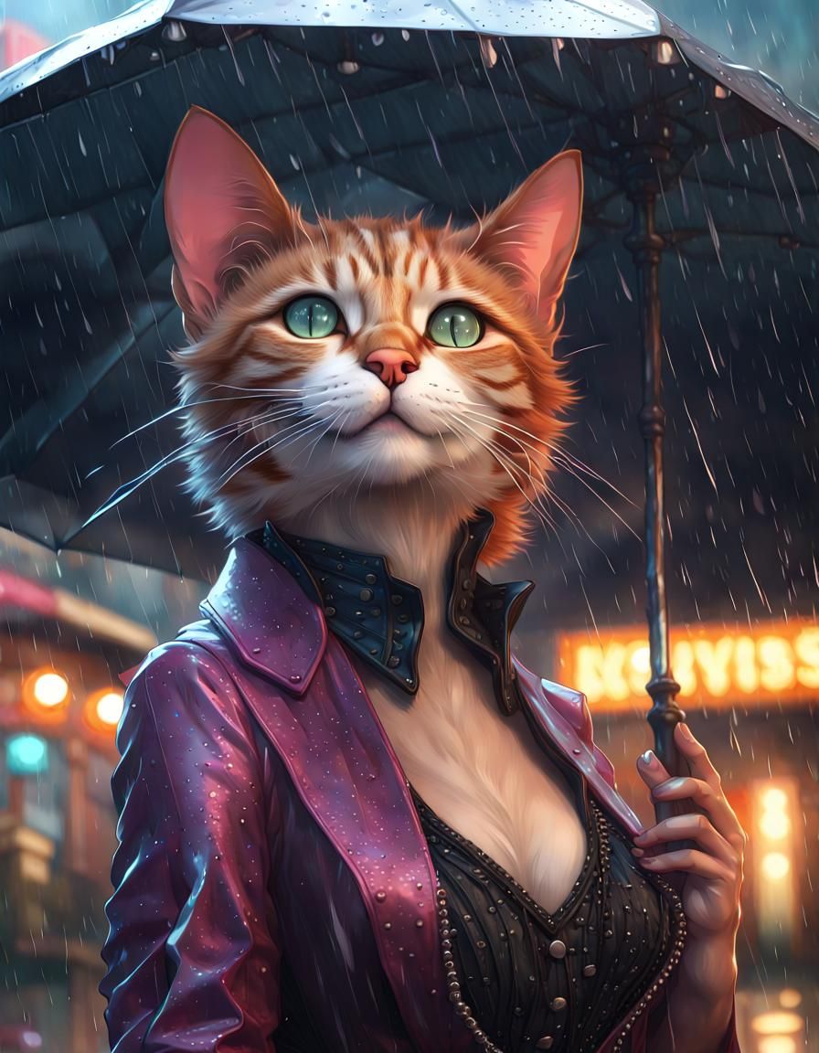 Cabaret Cat Sings in the Rain: Hyperdetailed Portrait
