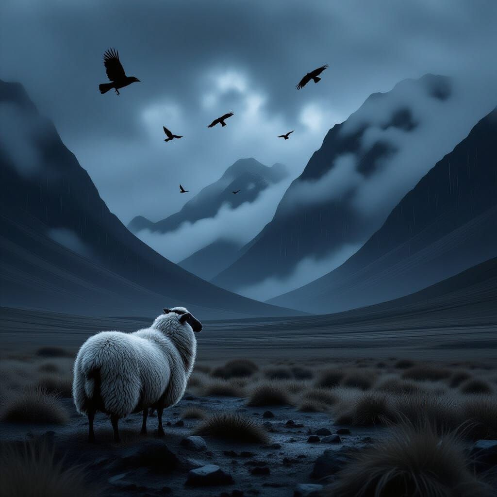 Desolate Valley Sheep in Dark Landscape Style