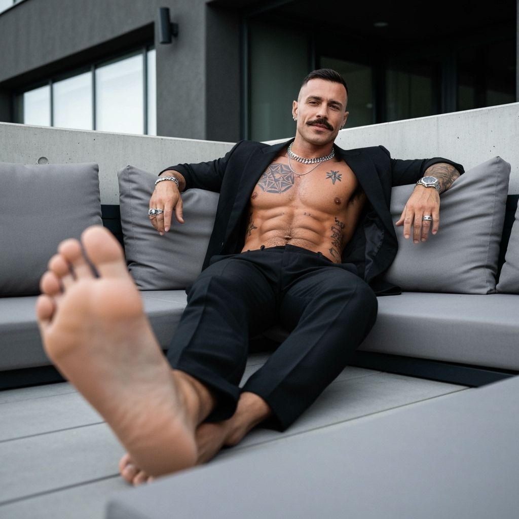 Muscular Man Relaxing on Sofa in Modern Outdoor Lounge