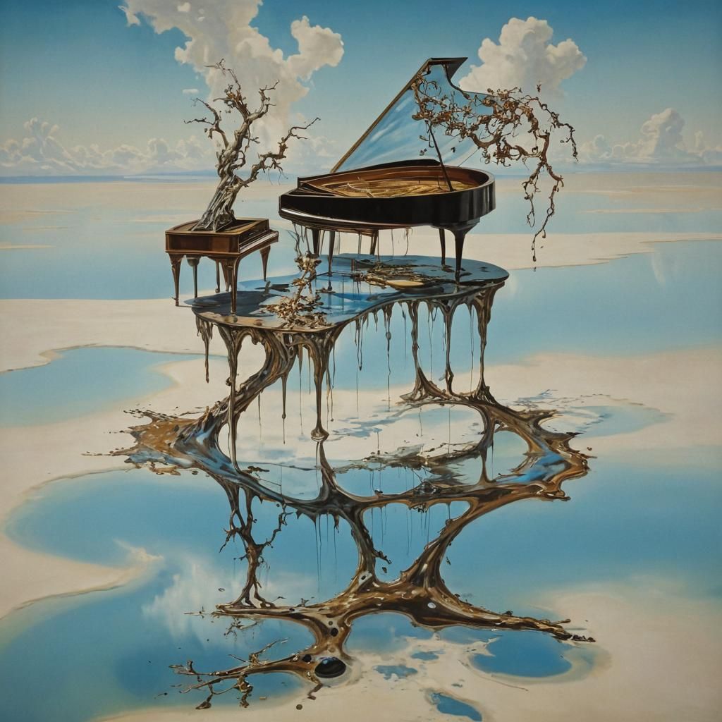Surreal Landscape with Melting Piano and Warped Sky