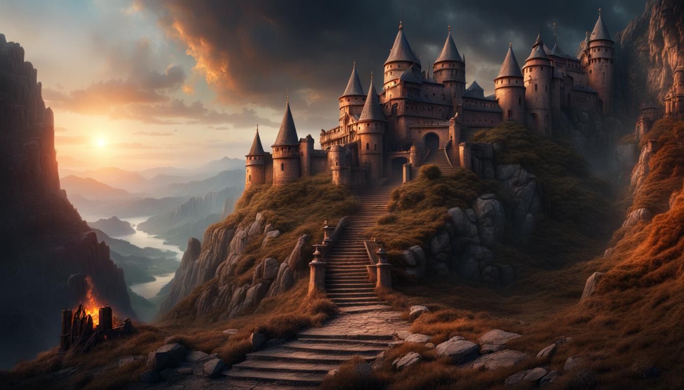 Mountain Fortress and Monastery at Night: Digital Painting