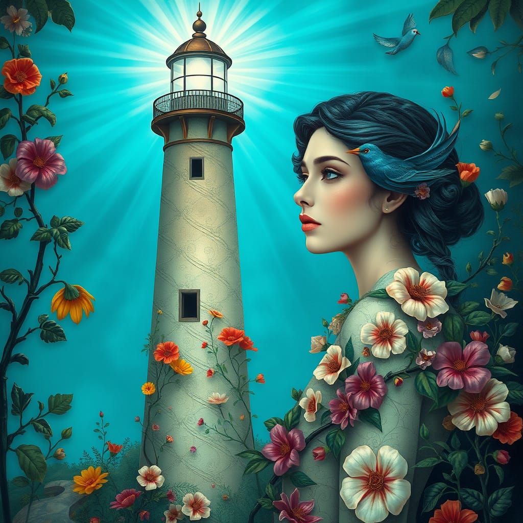Lighthouse Woman with Flowers in Surrealist Style