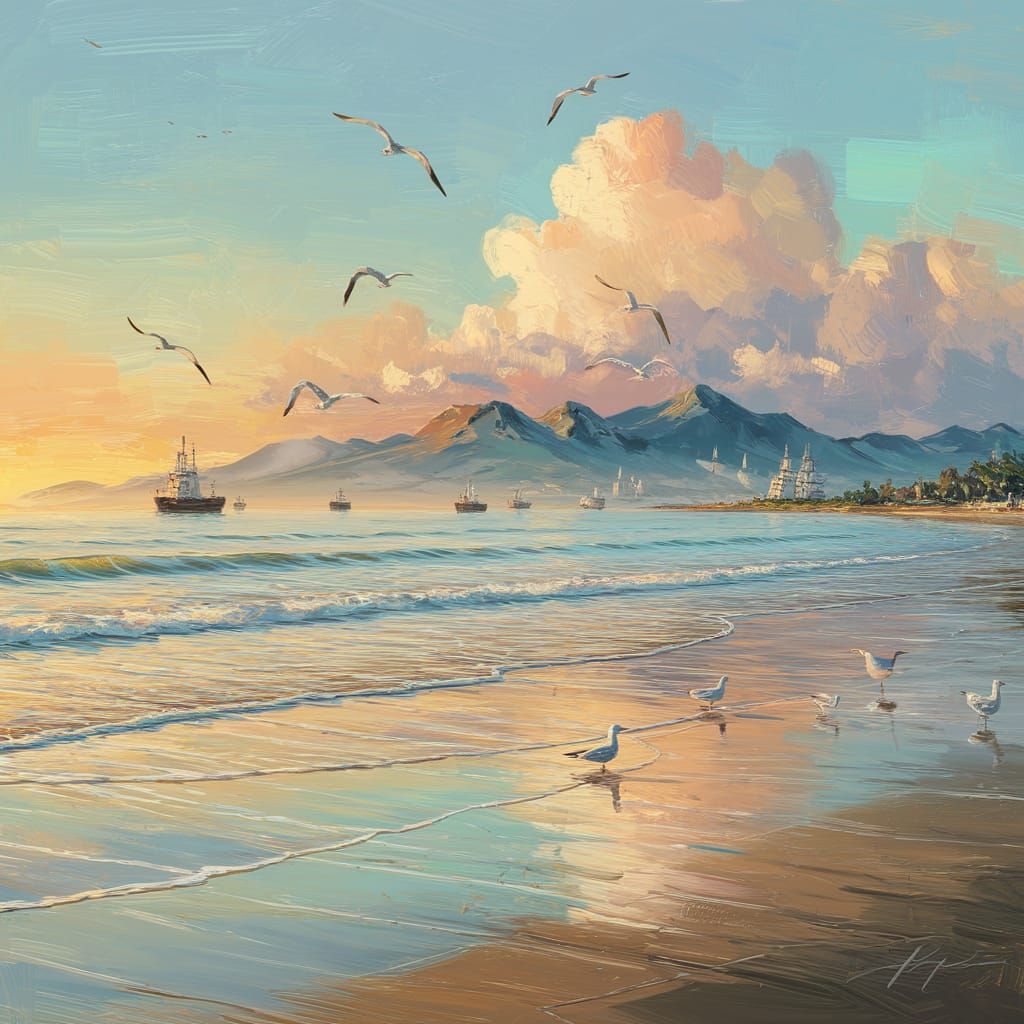 Sunrise Beach Scene with Majestic Mountains and Ships