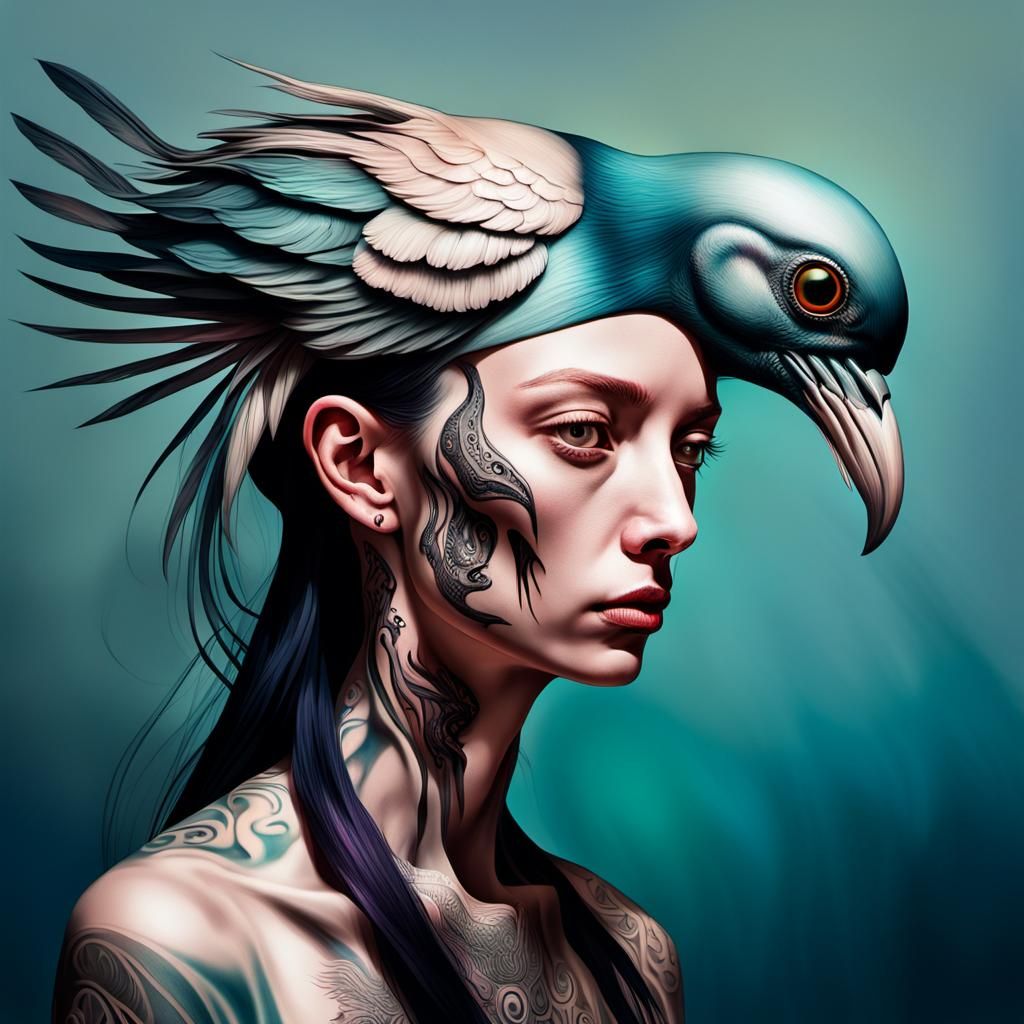 Surreal Avian Woman Portrait in Hyperrealistic Style
