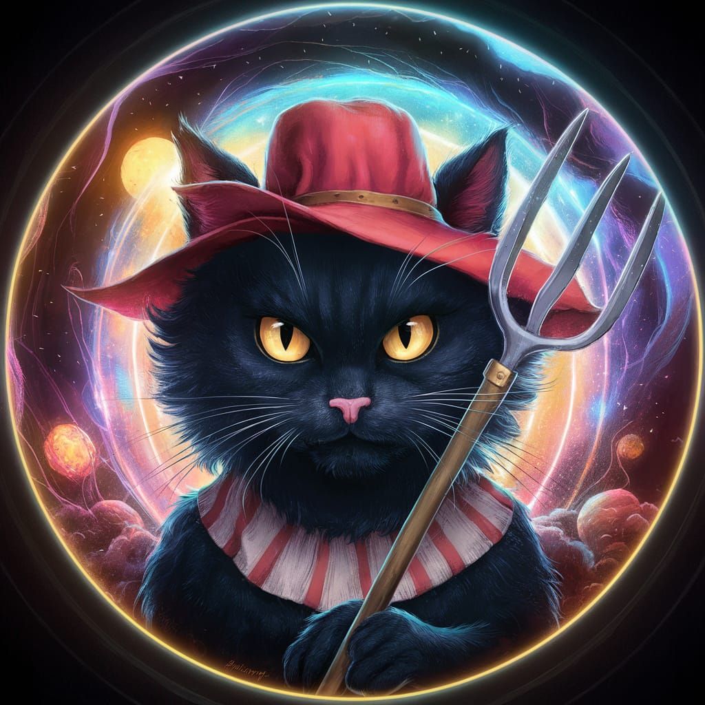 Mystical Black Cat with Pitchfork, Holographic Illustration