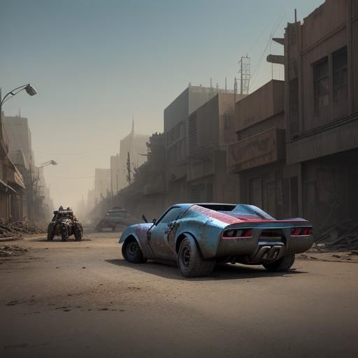 Post-Apocalyptic Cityscape with Hot Rod Corvettes