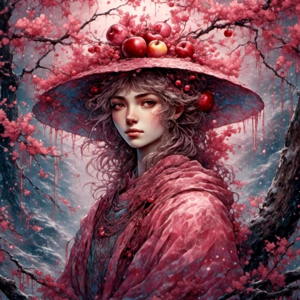 Crystallized Cherry Hat with Apple Tree in Watercolor