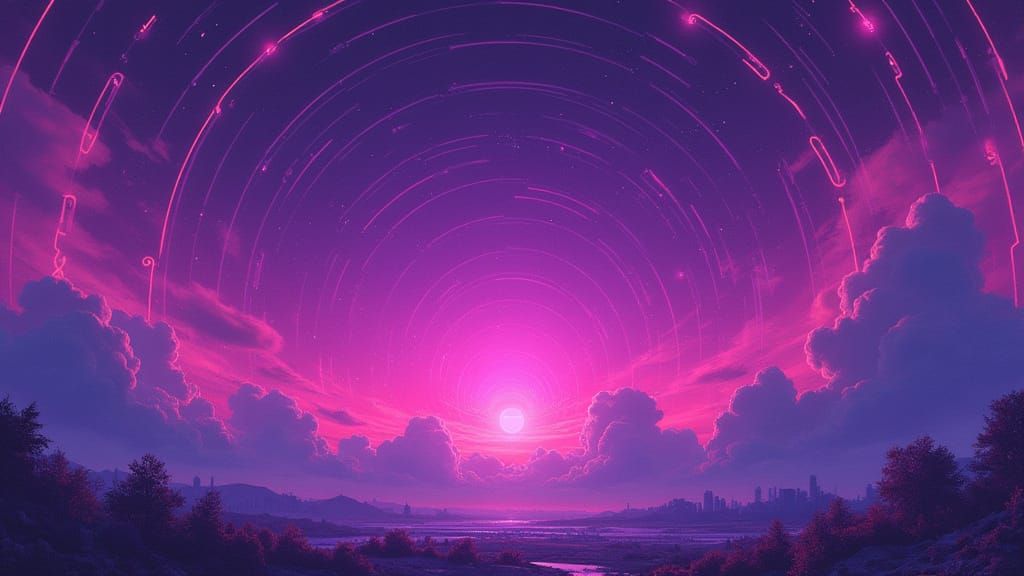 Purple Sky with Swirling Symbols in Ethereal Landscape