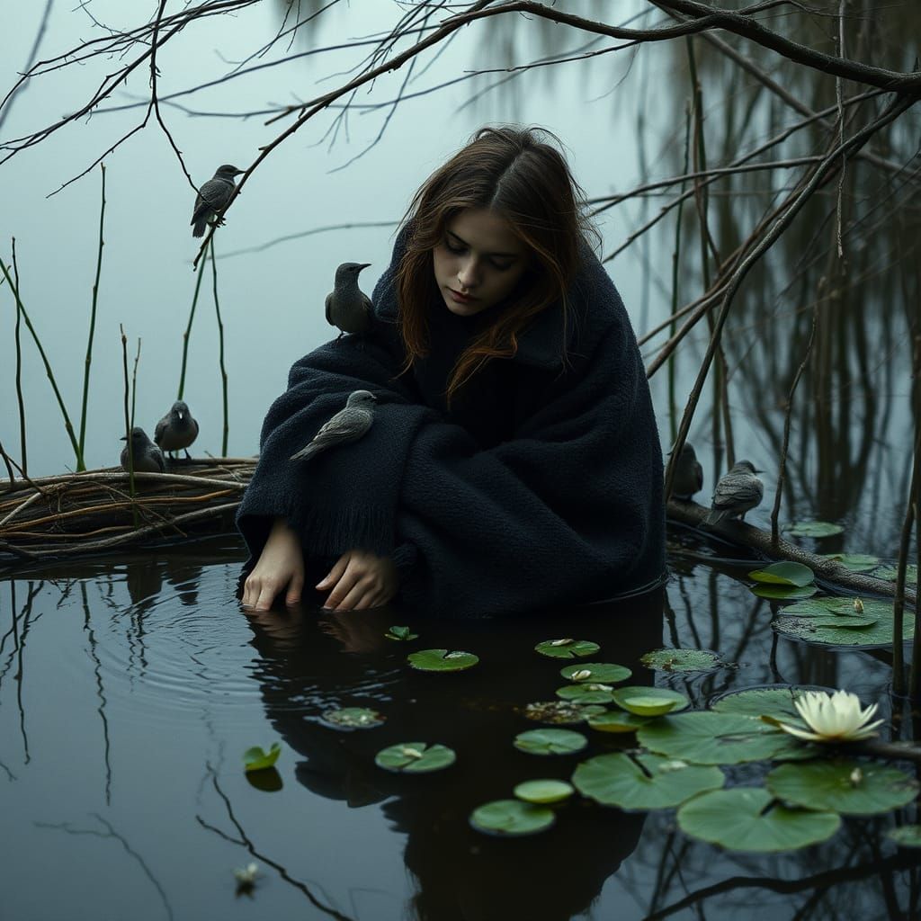 Young Woman Contemplates Sorrow in Mysterious Swamp