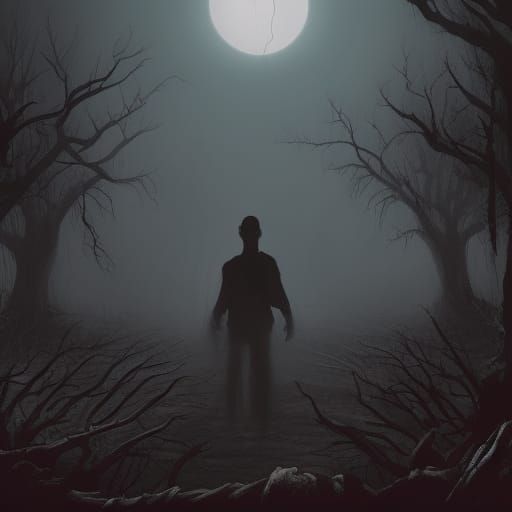 Hyperrealistic Zombie in Foggy Moonlit Scene