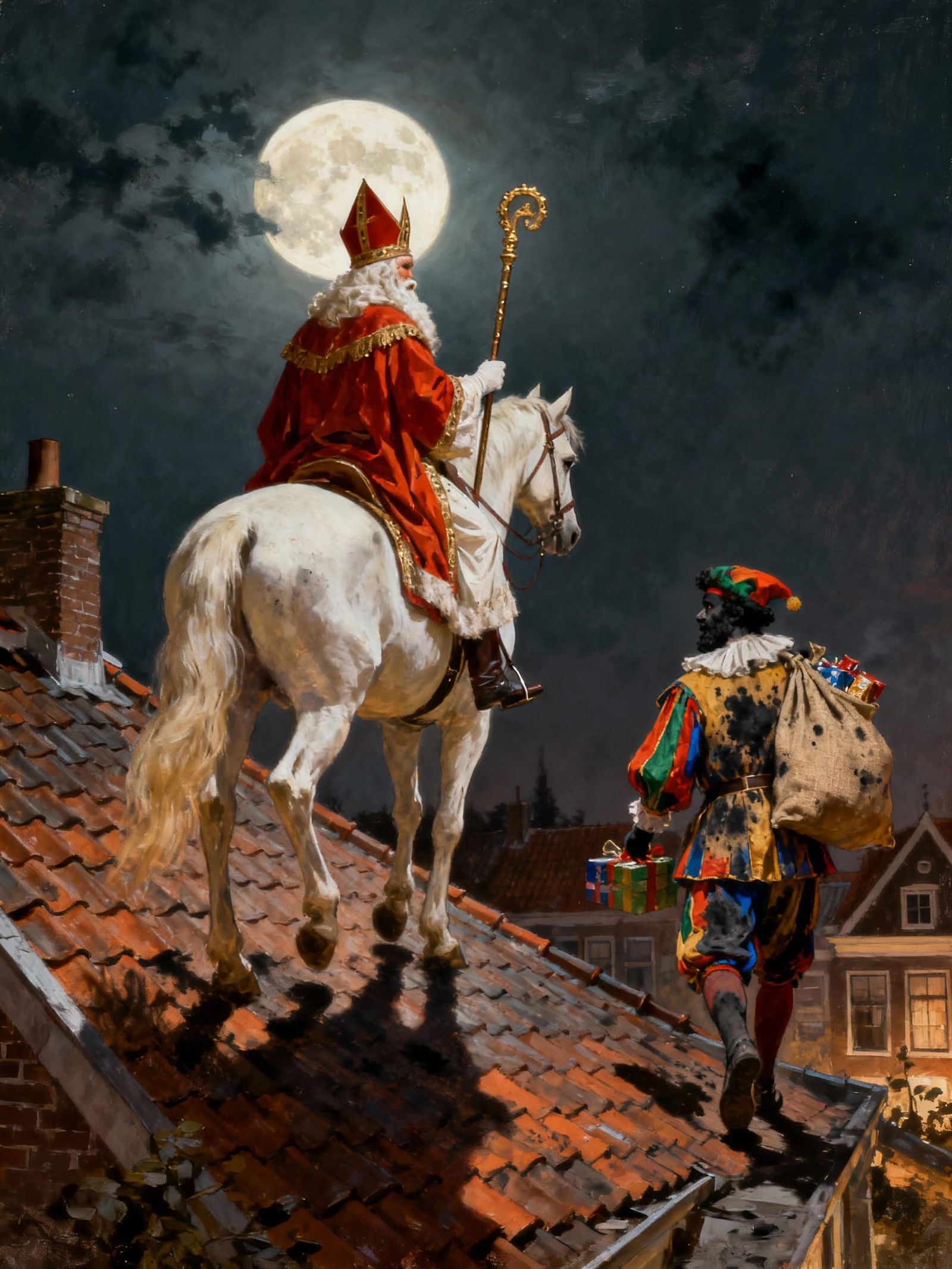 Sinterklaas and Piet on Rooftop Under Full Moon