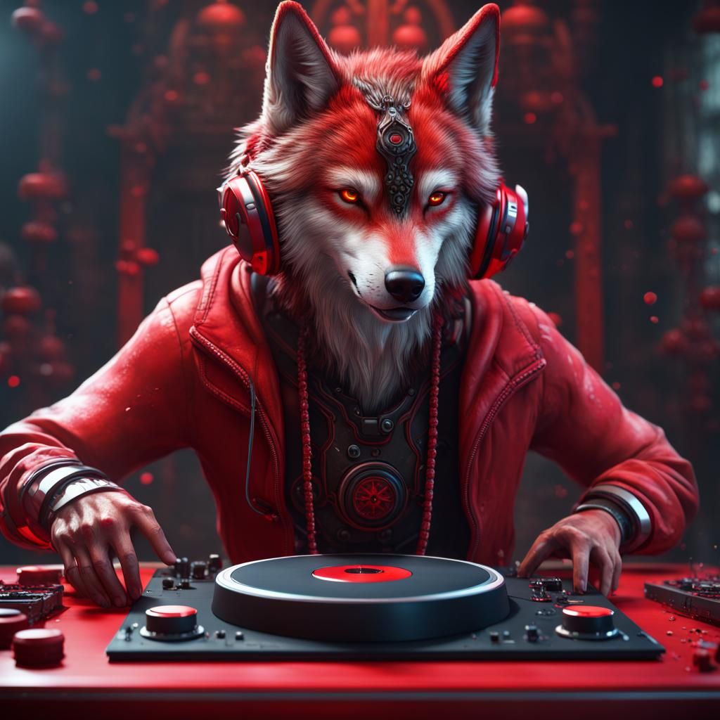 Red Wolf DJ with Headphones, Detailed Matte Painting