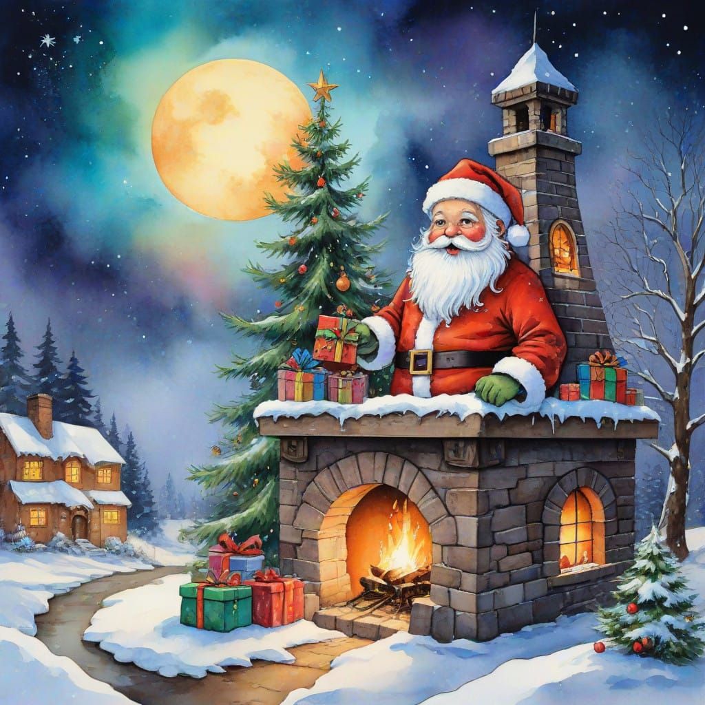 Vintage Santa Christmas Scene in Whimsical Watercolor