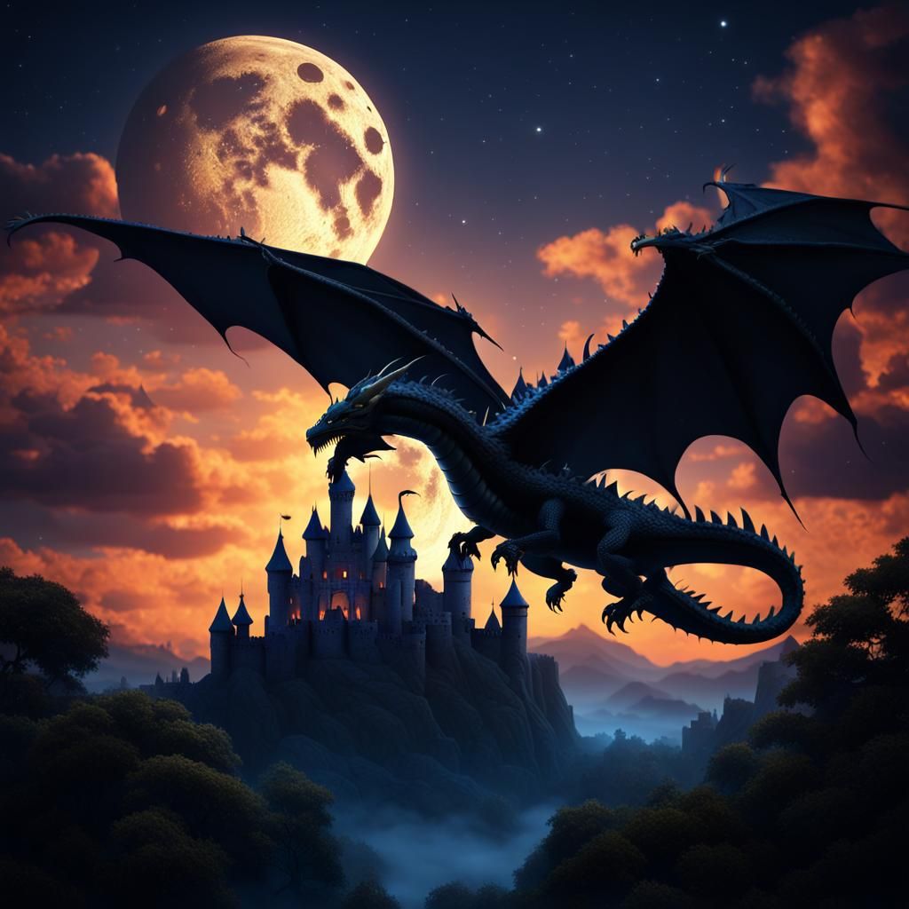 Dragon Silhouette Soaring Over Castle, Fantasy Art