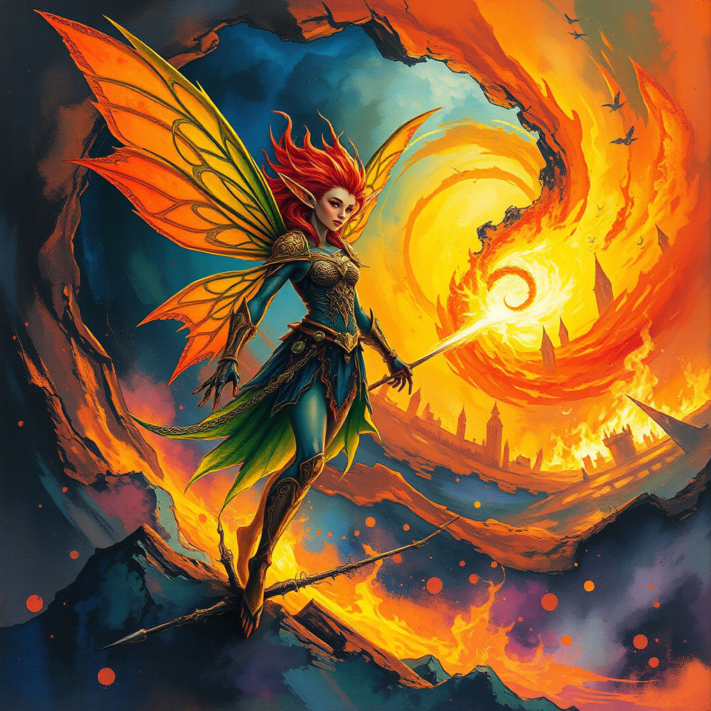 Mystical Fire Fairy Emerges from Fluorescent Vortex