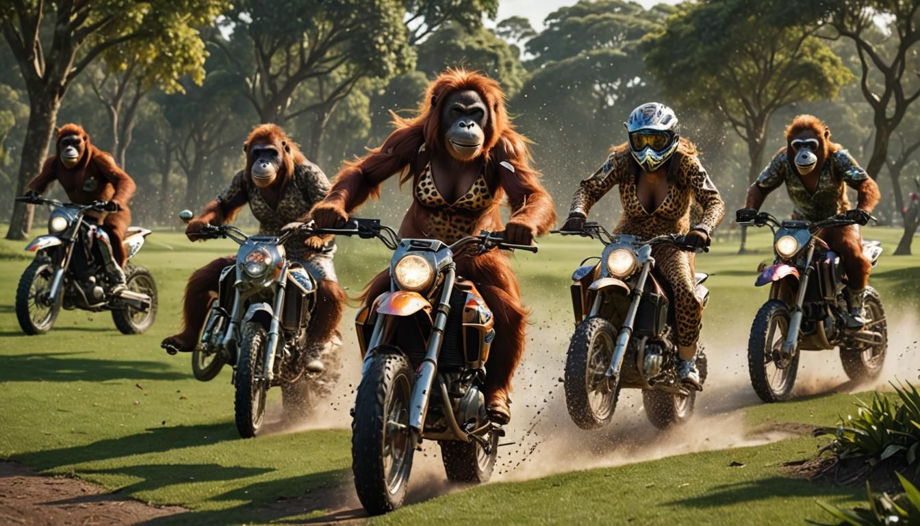 Orangutans Race Motorcross Bikes in Fantasy Realism