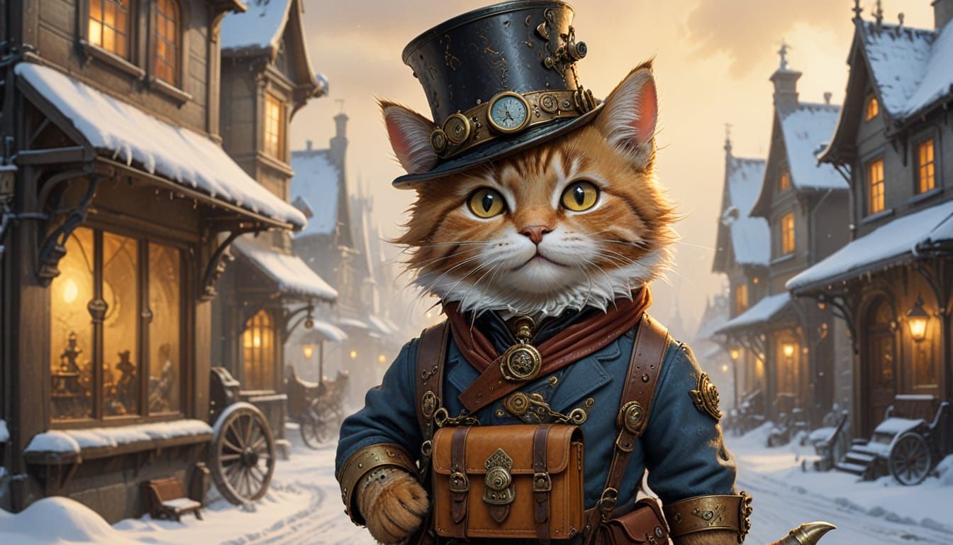 Whimsical Steampunk Kitten in Victorian Winter Wonderland