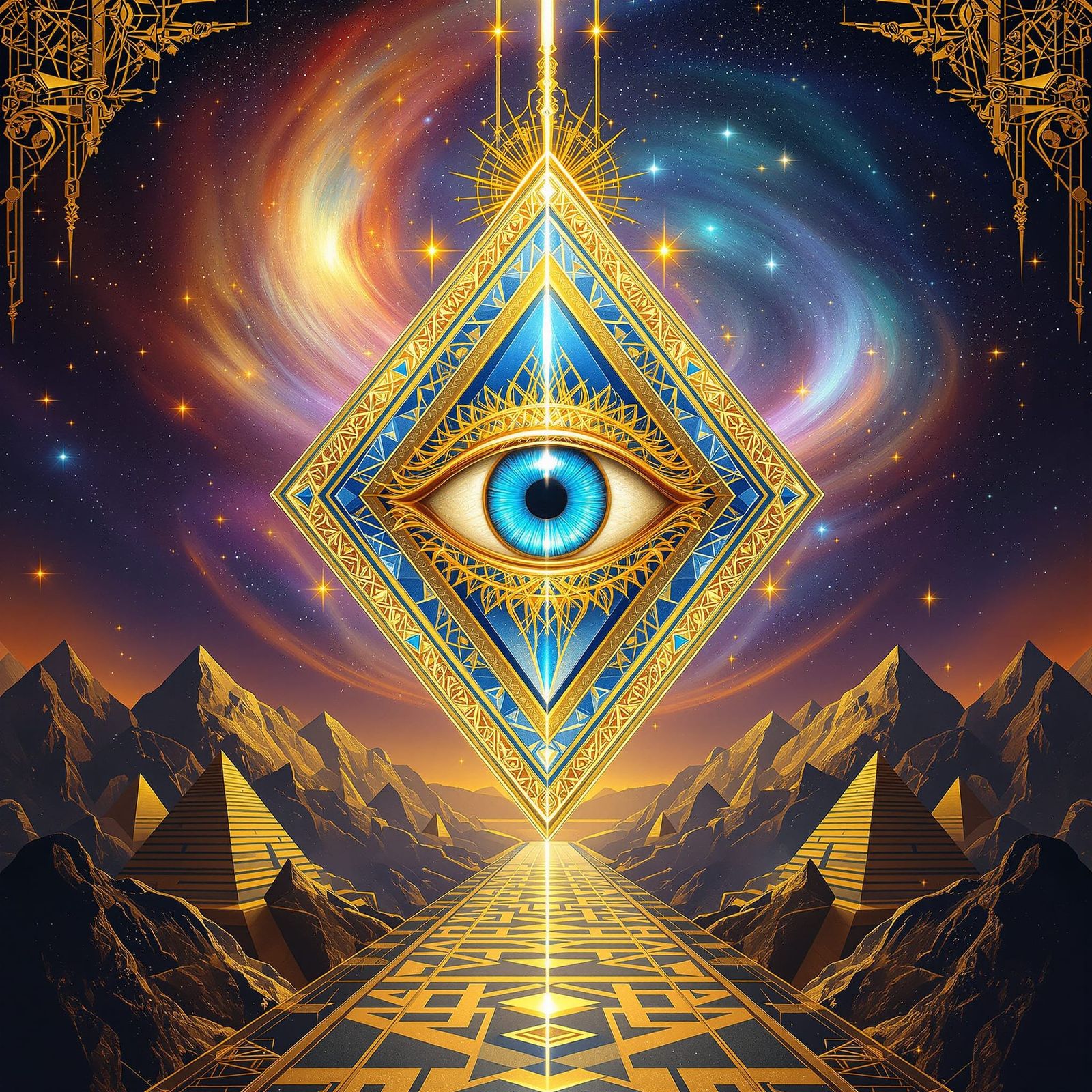 Celestial Eye in Ornate Golden Frames, Cosmic Nebula