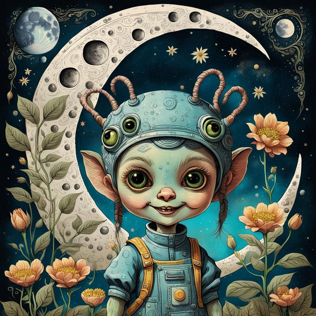 Cute Alien Picking Flowers on the Moon