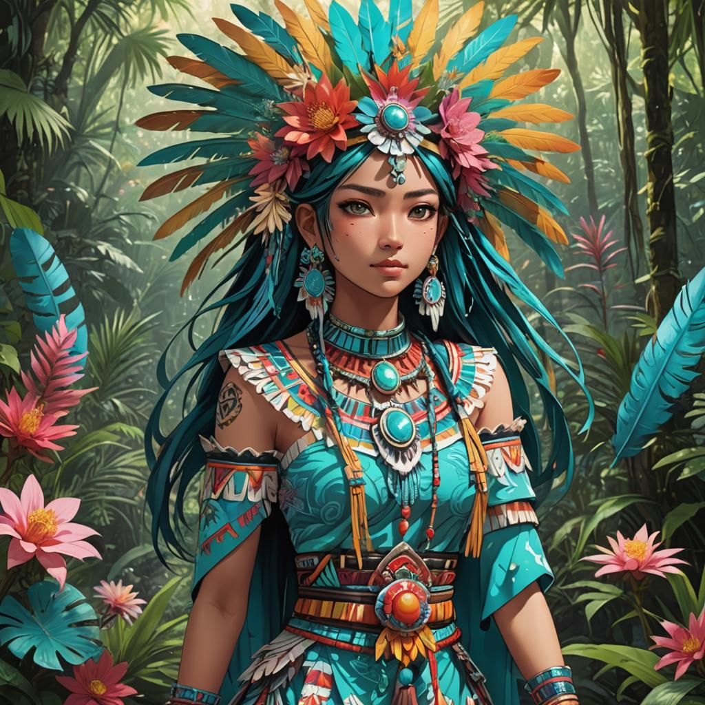 Aztec Anime Waifu in Jungle, Digital Art