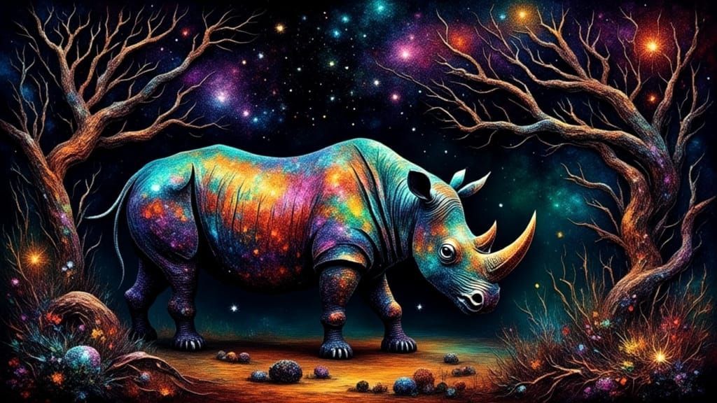 Surreal Cosmic Rhinoceros in Glittercore Style